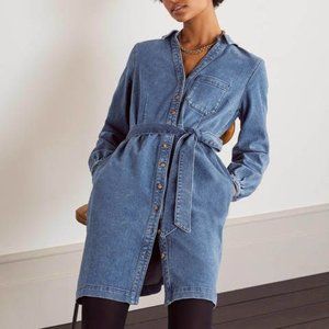 Boden Washed Blue Denim Mini Shirt Dress with Tie Waist